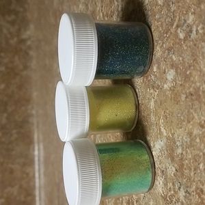 Yellow, green, and blue fine glitter makeup